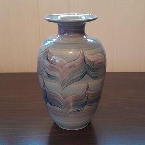 Art Pottery Vase Wave Design Signed 8.5" Blue Purple White